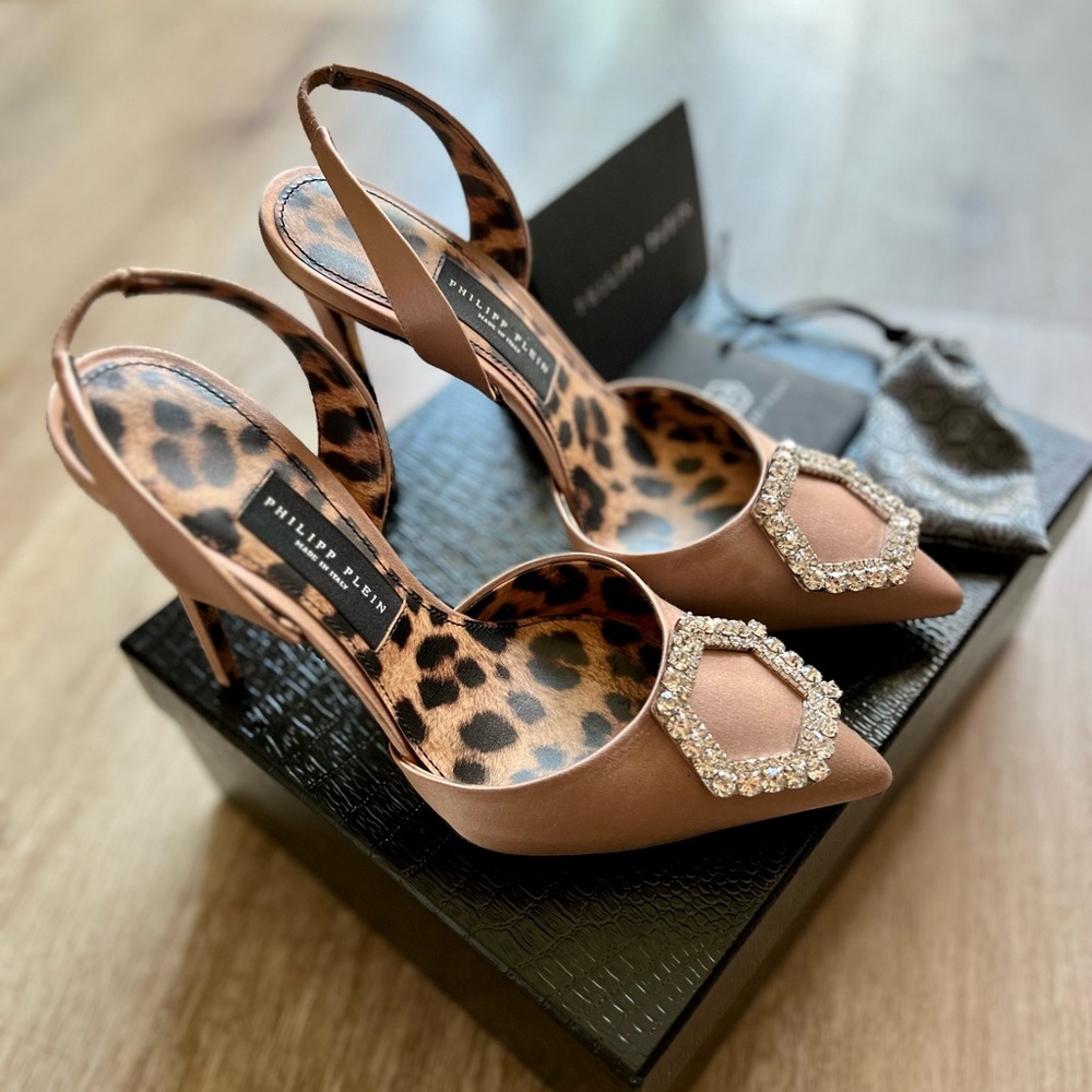 New With Box Phillip Plein Satin Décolleté slingback crystal heel